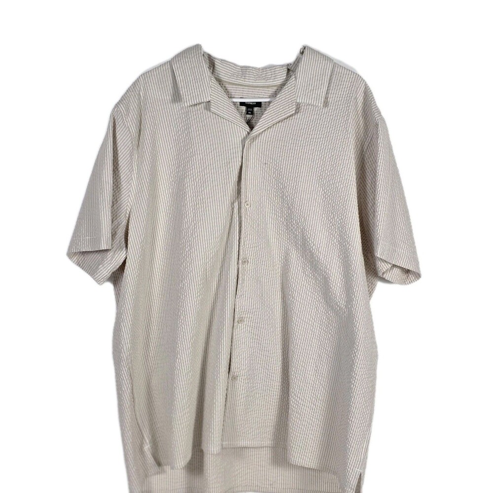 NWT Express Mens XXL Tan‎ With White Stripes Seersucker Short Sleeve Shirt